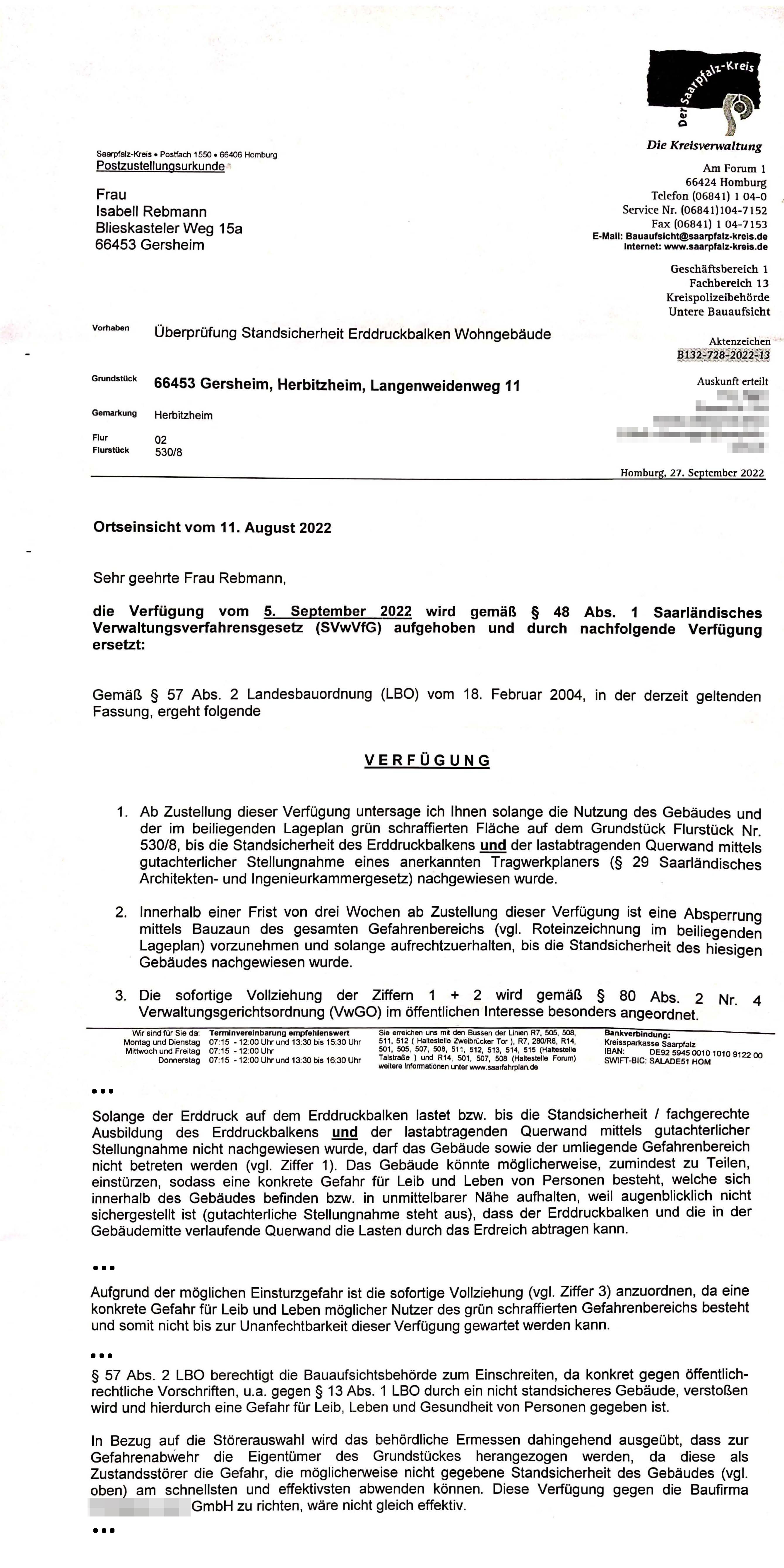 Nutzungs- und Betretungsverbot wegen Einsturzgefahr vom 27.09.2022