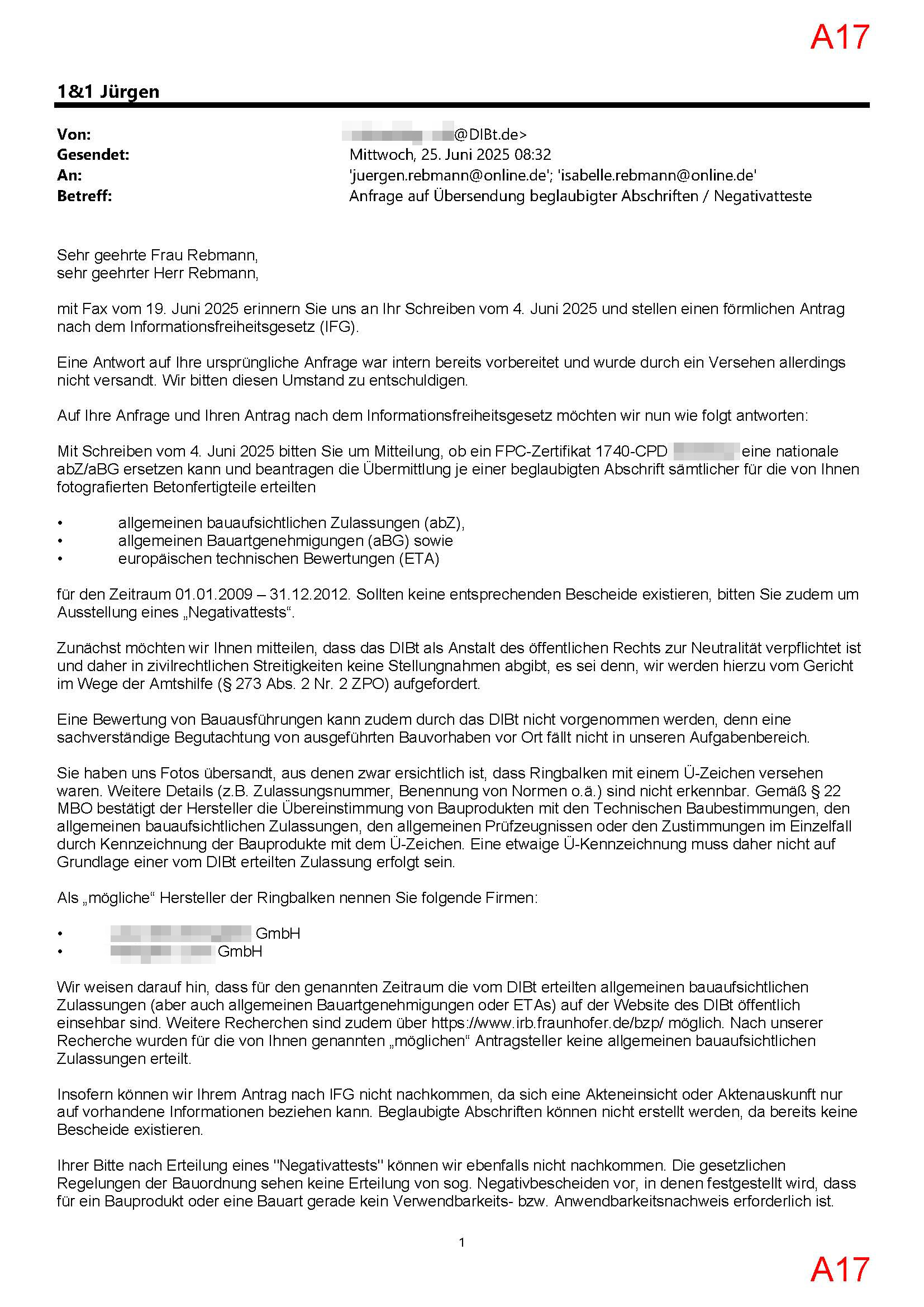 DIBt-Auskunft vom 25.06.2025, keine abZ-Zulassung, Seite 1